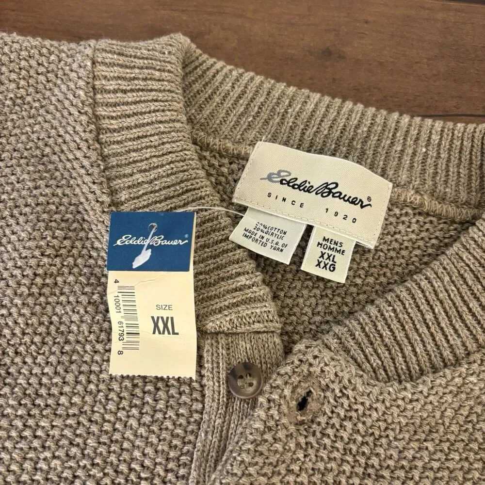 VTG Eddie Bauer NWT Henley Sweater Mens 2XL Tan Textured Knit Long Sleeve Button